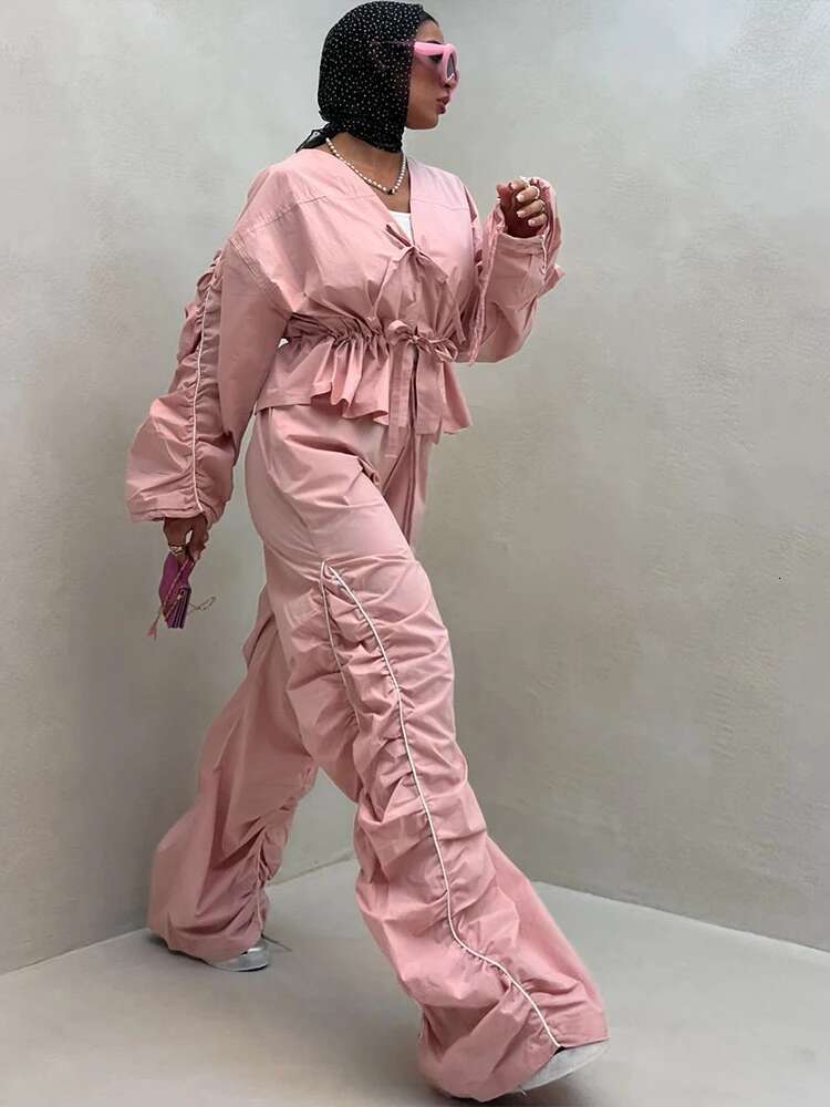 Kliou Shirring Matching 2 Piece Set Women Casual Tracksuits New Ruffle Bandage Tops+Elastic Oversized Pants Female Activewear