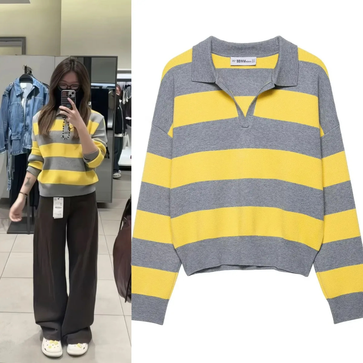 ETJ Autumn womens line street style fashion yellow wide stripe polo neck loose version of long-sleeved sweater 251105