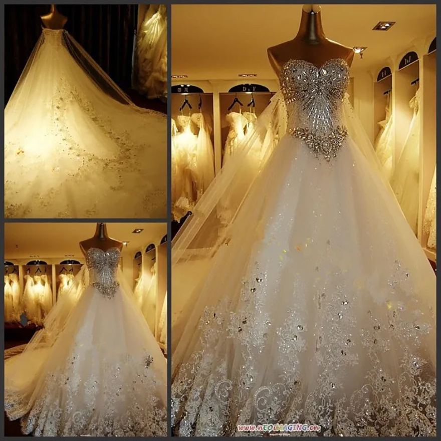 Gorgeous Crystal Long Cathedral Wedding Veils With 3D Lace Appliques Soft Tulle One Layer Bridal Veil