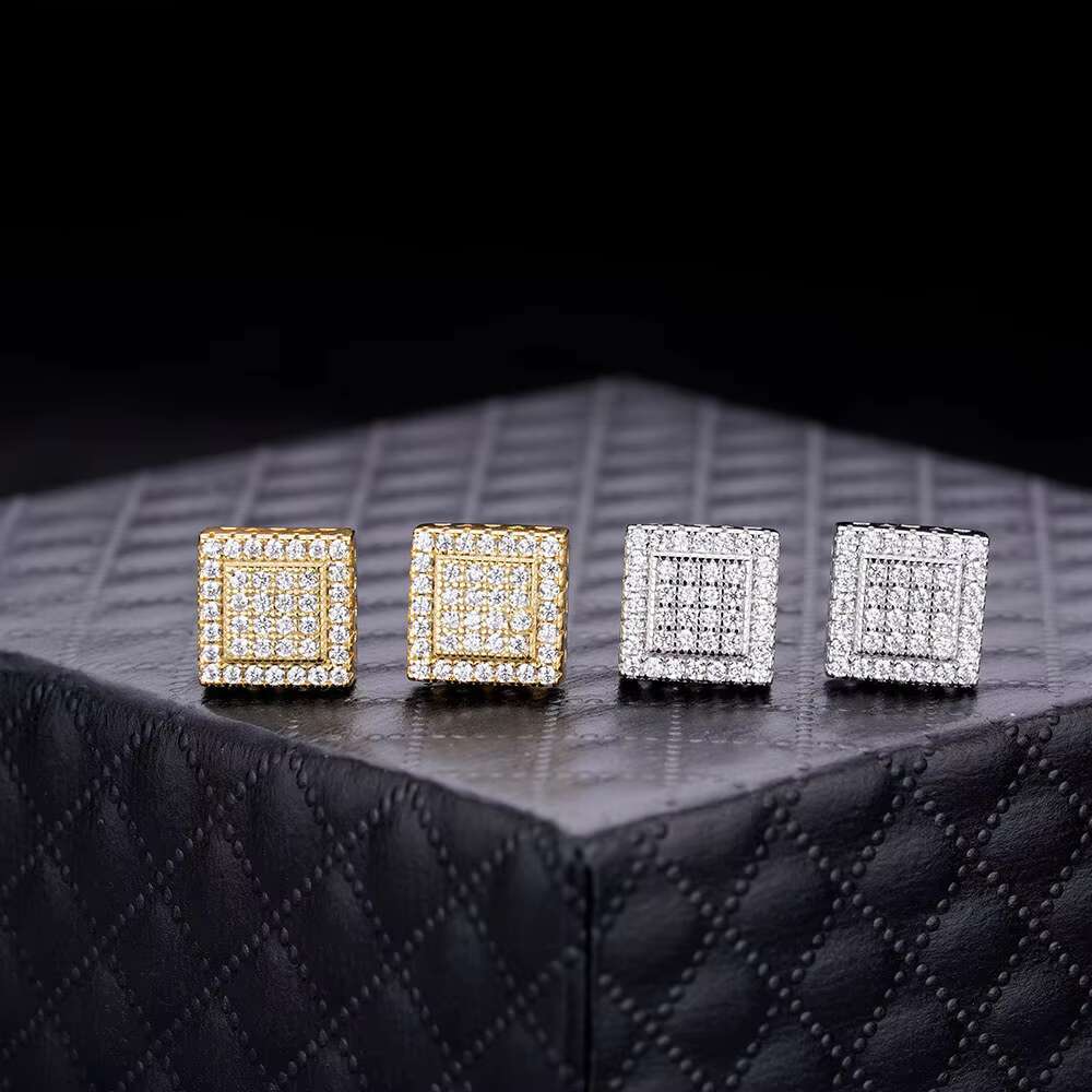 Fashion Jewelry 925 Sterling Silver 18K Yellow Gold Plated Pave CZ Diamonds Cut Square Shaped Stud Earrings