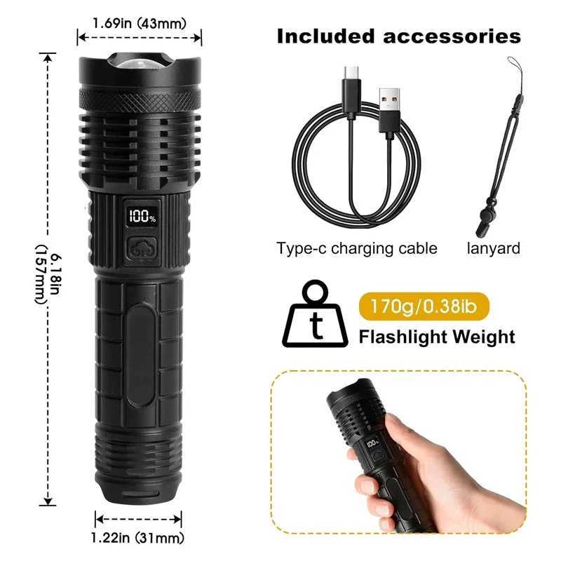 Rechargeable Flashlight with 1800 Lumens LED Display Adjustable Focus 5 Modes IPX4 Waterproof Portable Torchs for OutdoorW251106