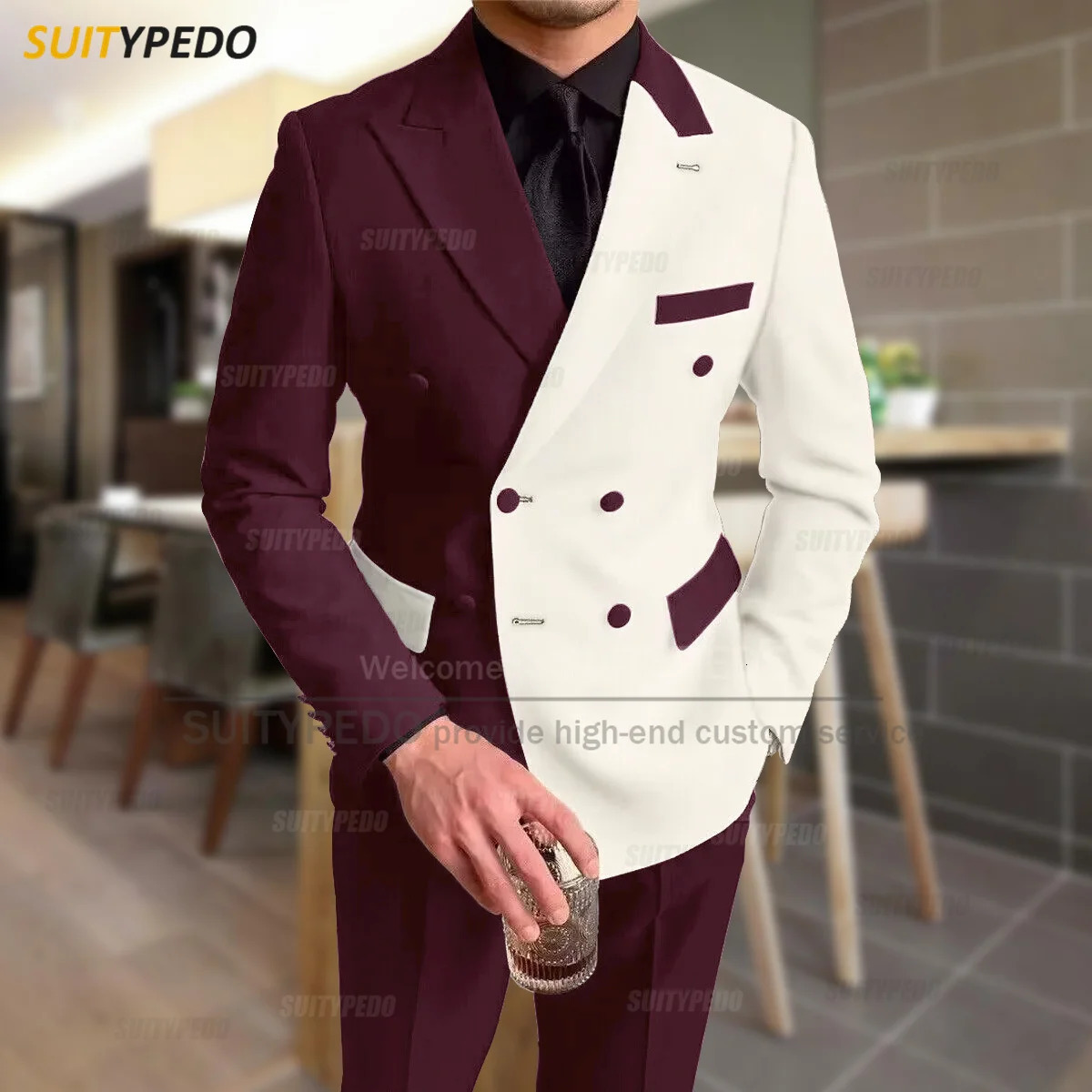 Fashionable black ivory patchwork mens casual party classic double chest jacket evening dinner elegant jacket set 250402