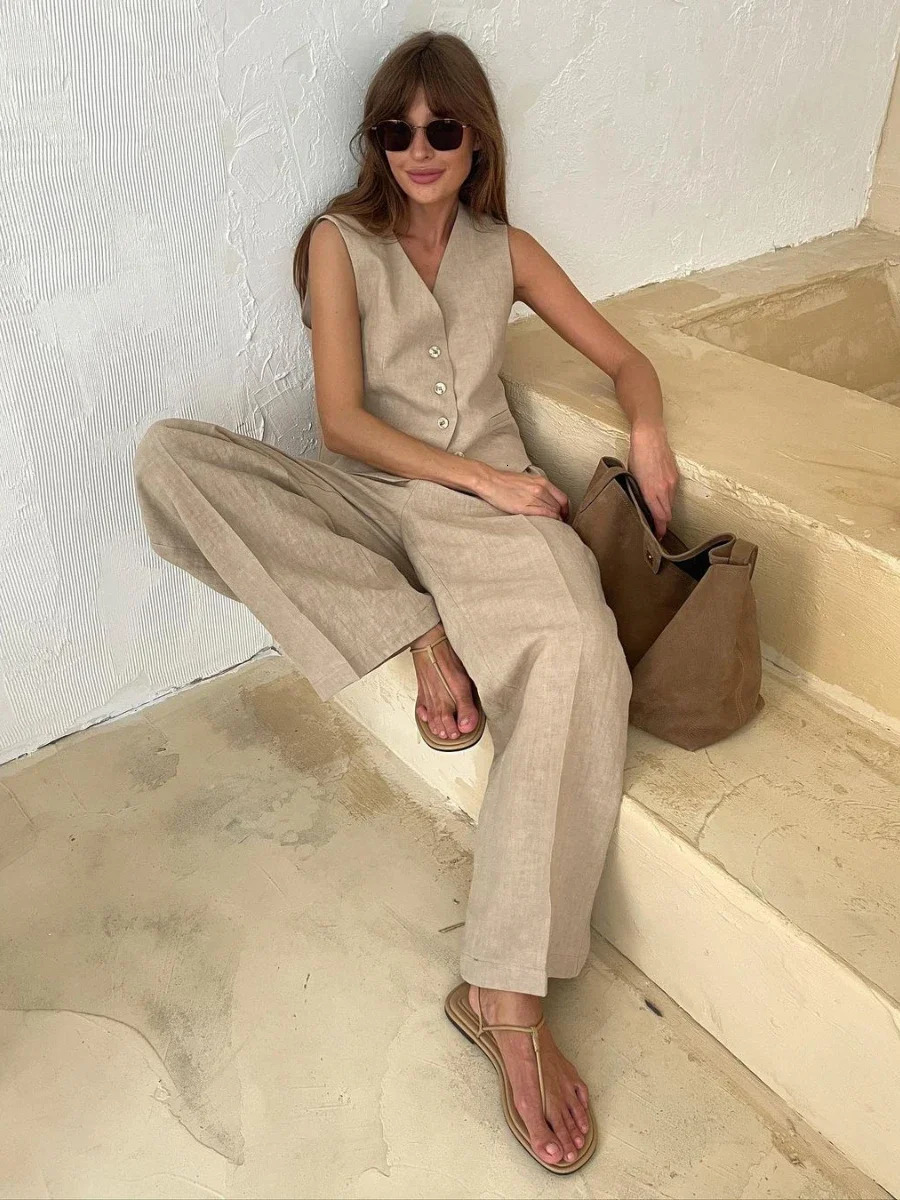 Bronladies womens linen cotton chic vest pants set two-piece office womens summer chic two-piece set womens clothing 250401