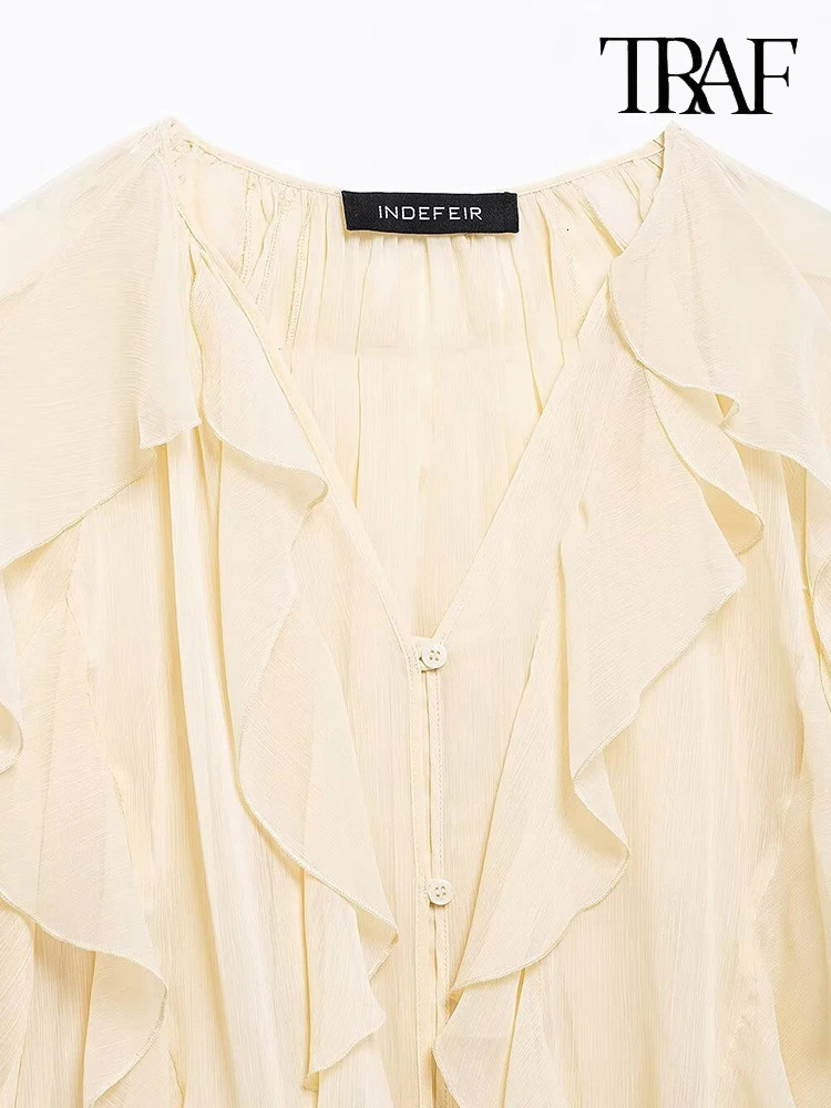 TRAF Womens Fashion Solid Color Multi Layer Ruffle Shirt Unique Perspective Vneck Single Chest Long Sleeve High Neck Top 250407