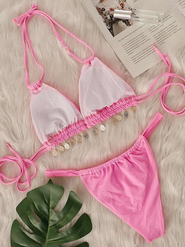 Dongdumaoyi Luxury Rhinestone Bikini Women Pink Diamond Tassel Push Up Micro Swimsuit Beach Bathing Suit Pleate Thong Swimwear Biquini