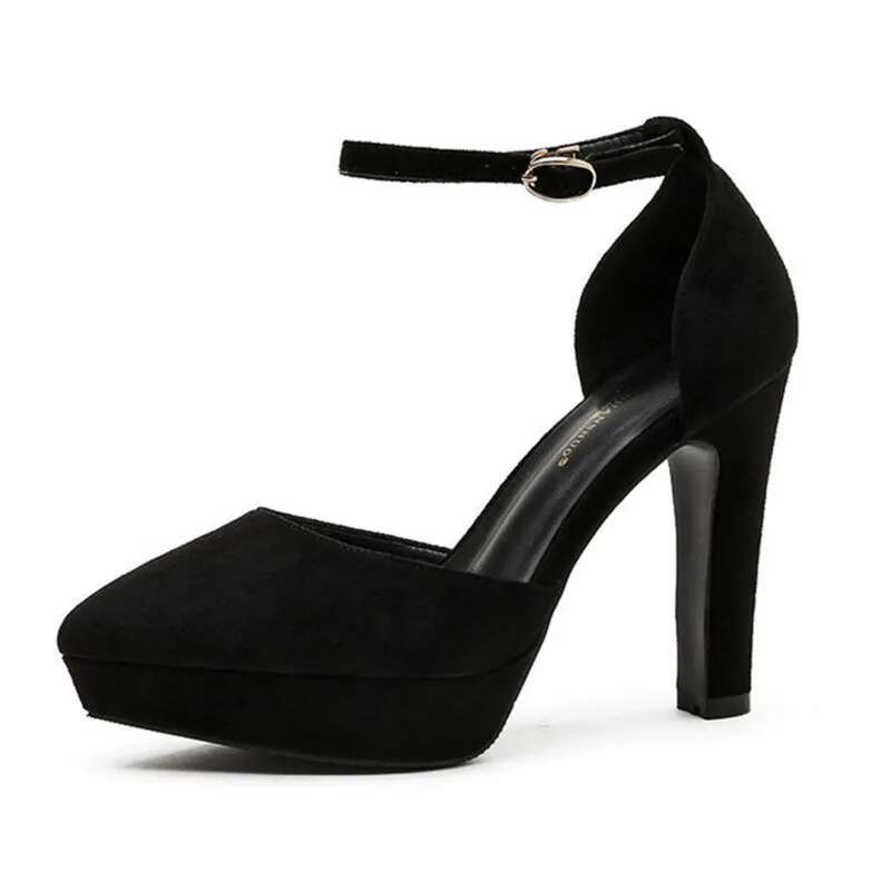 Thick Heel One Word Buckle Strap Pumps Waterproof Table Pointed Single Shoe Female Black Work Shoes Fashion Princess Sandals