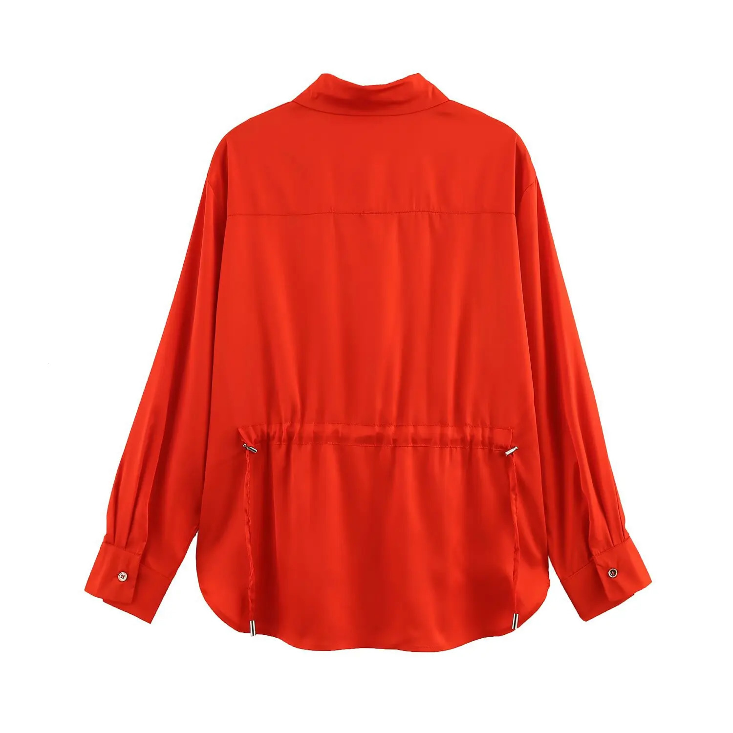 ZBZA Womens Tassel Satin Effect Shirt with Flip Collar Long Sleeve Single breasted Top for Spring and Summer Casual Solid Color Unique 250407