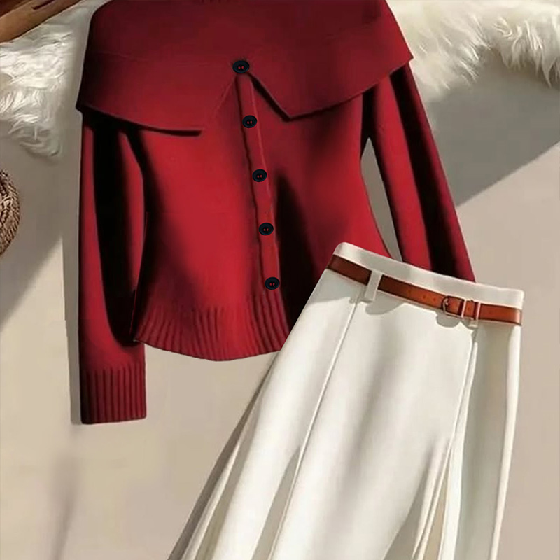 Women's solid-color top, long-sleeved sweater with turned-up collar, fake buttons, casual and romantic style, women's outwear, women's 