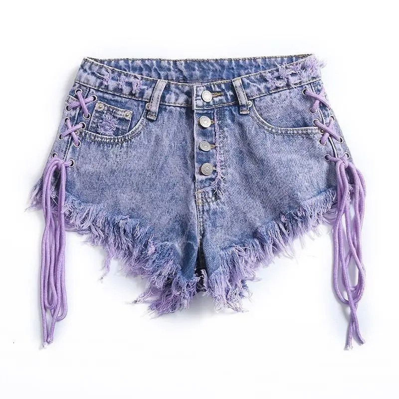 Summer Womens Purple Shorts Fashion Sexy Low Rise Single Breasted A-line Denim Shorts With Strap Pants Female 250407