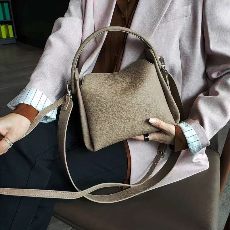 Elegant 100% Natural T Cowhide Leather Tote Wide Straps Female Shoulder Grey Black Doctor Bag Girl Handbag