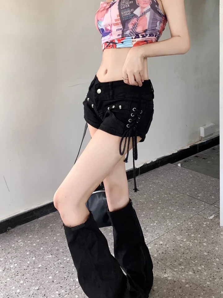 American Retro Black Sexy Skull Mini Jean Shorts Women Y2k Summer Low Wasit Micro Short Jeans Woman with Bandage Korean Fashion 250407