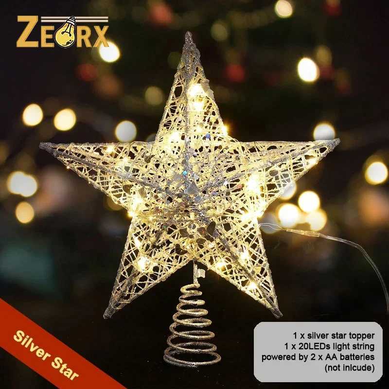 Star Tree Topper with 20 LED Lights String Metal Silver/gold Lighted Treetop Ornament Battery Operated for Christmas Tree Decor W251107