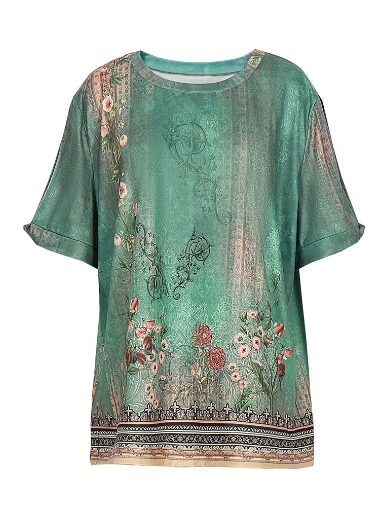 Plus Size Summer Womens Printed Pattern Round Neck Tshirt Short Sleeve Zipper 250407
