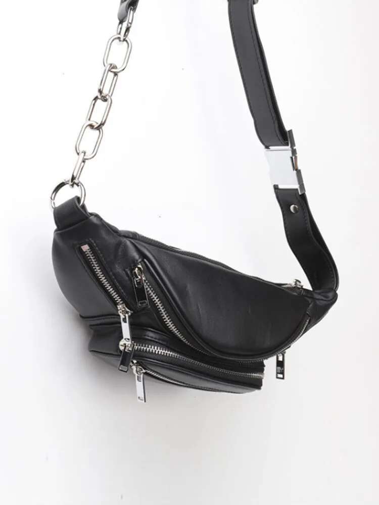 High Street Women Genuine Chest Casual Multi Pocket Waist Bags Fashion Cow Leather Sheepskin Chain Shoulder Bag Flap