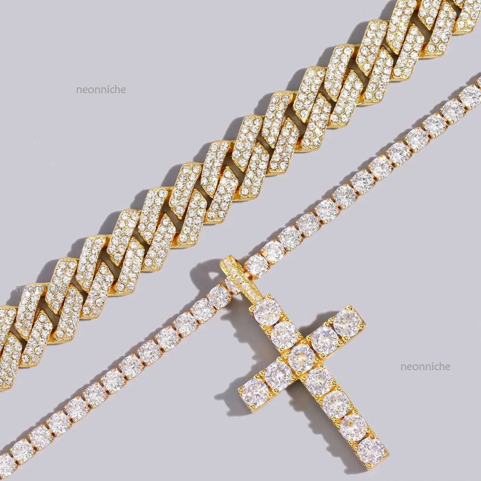 Hip Hop 2pcs Cross Tennis 14MM Prong Necklace For Men Women Iced Out 2 Row Cuban k Chain Necklaces Couple JewelryX240910