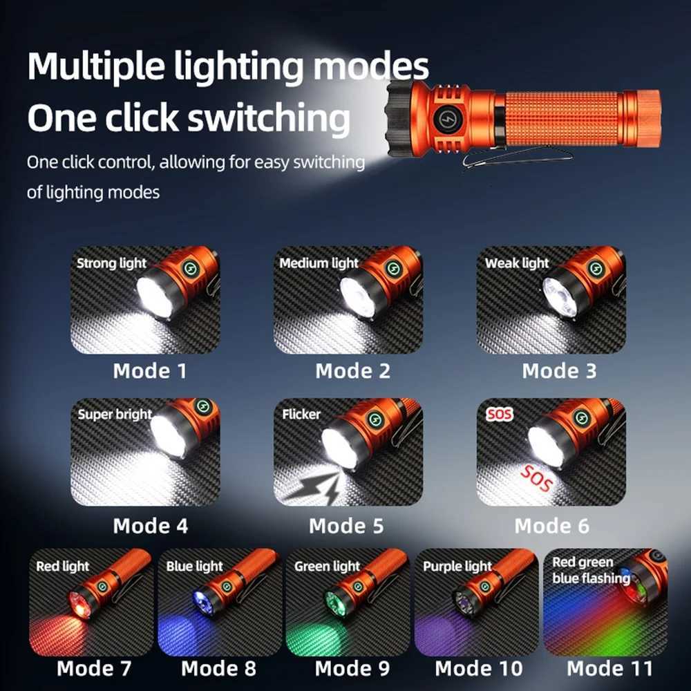 7xLED High Bright White Red Green Blue UV Light Multipurpose Magnet Flashlight Outdoor Hiking Travel Camping Work Lighting TorchW251106