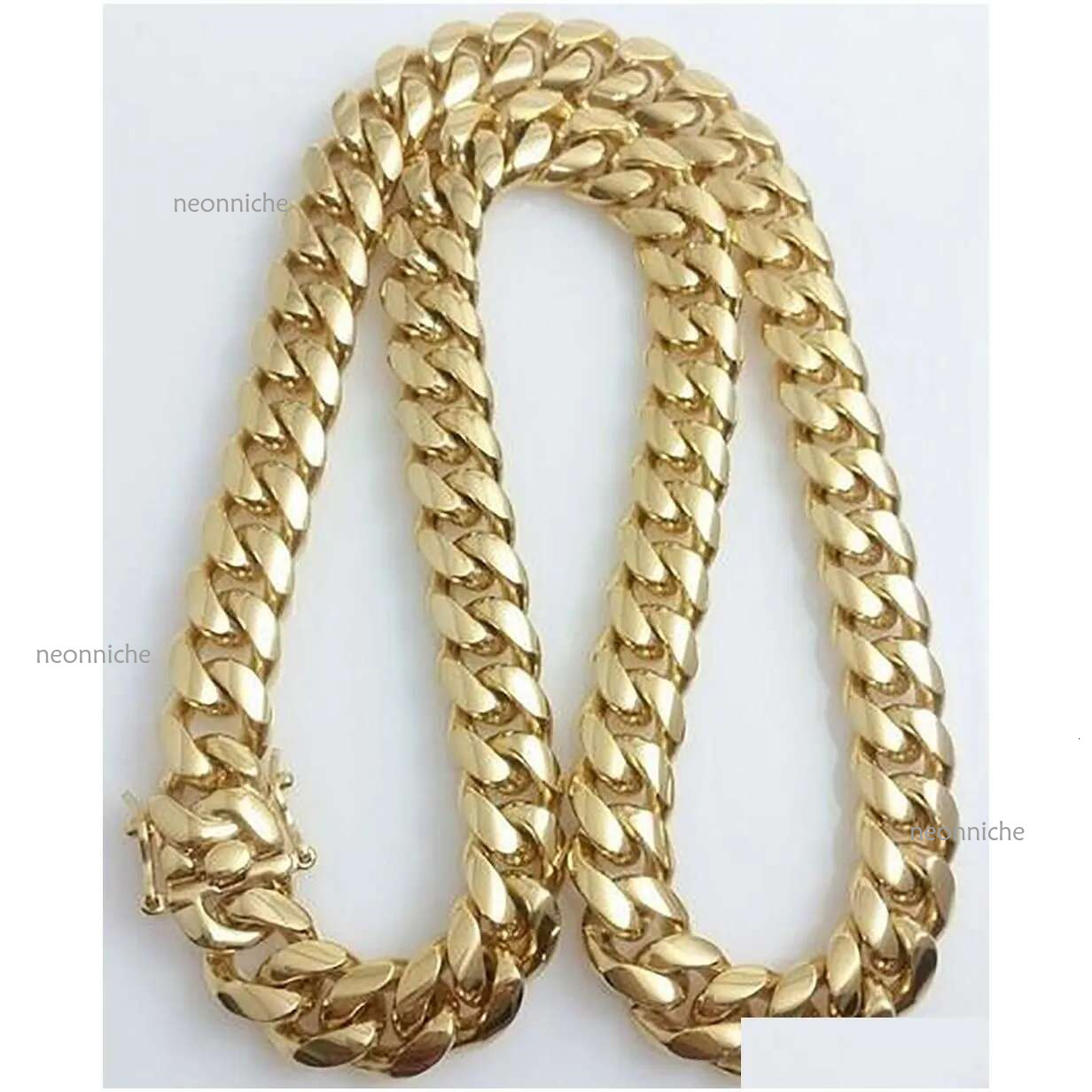 Chains Gold Plated Stainess Steel 10Mm 12Mm 14Mm Polished Miami Cuban k Necklace Men Punk Curb Chain Double Safety Clasp 18Inch Ot06H