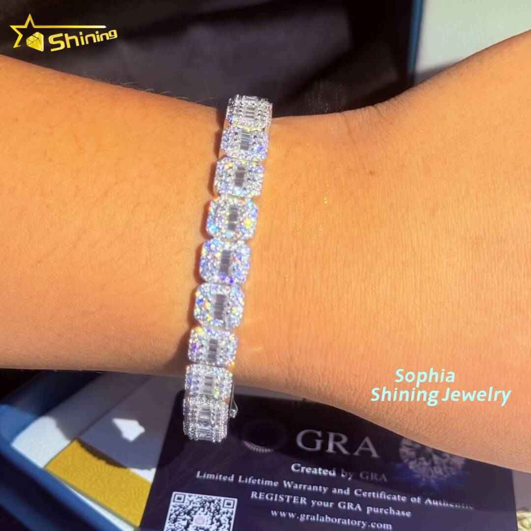 Unique Design 10mm Chain Iced Out baguette 925 Sterling Silver Hip Hop VVS Moissanite Cluster Tennis Cuban Link Chain Bracelet