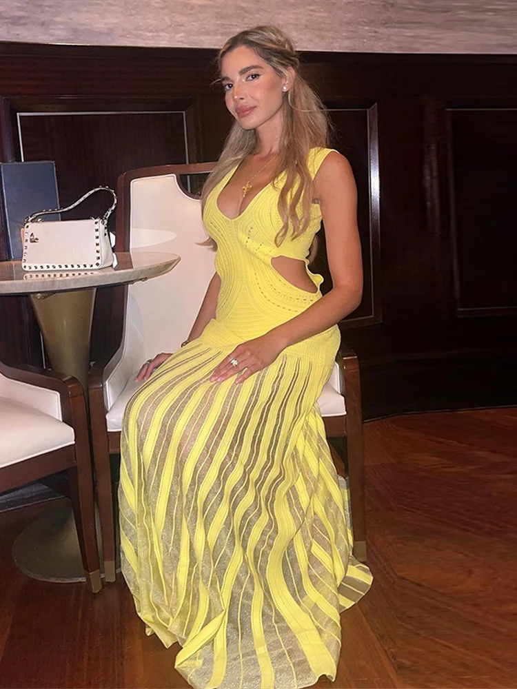 Knitted Hollow Splicing Work Long Dress Womens Sleeveless V-neck Elegant Slimming Evening Dress Vacation Rib Wearing Robe 250402