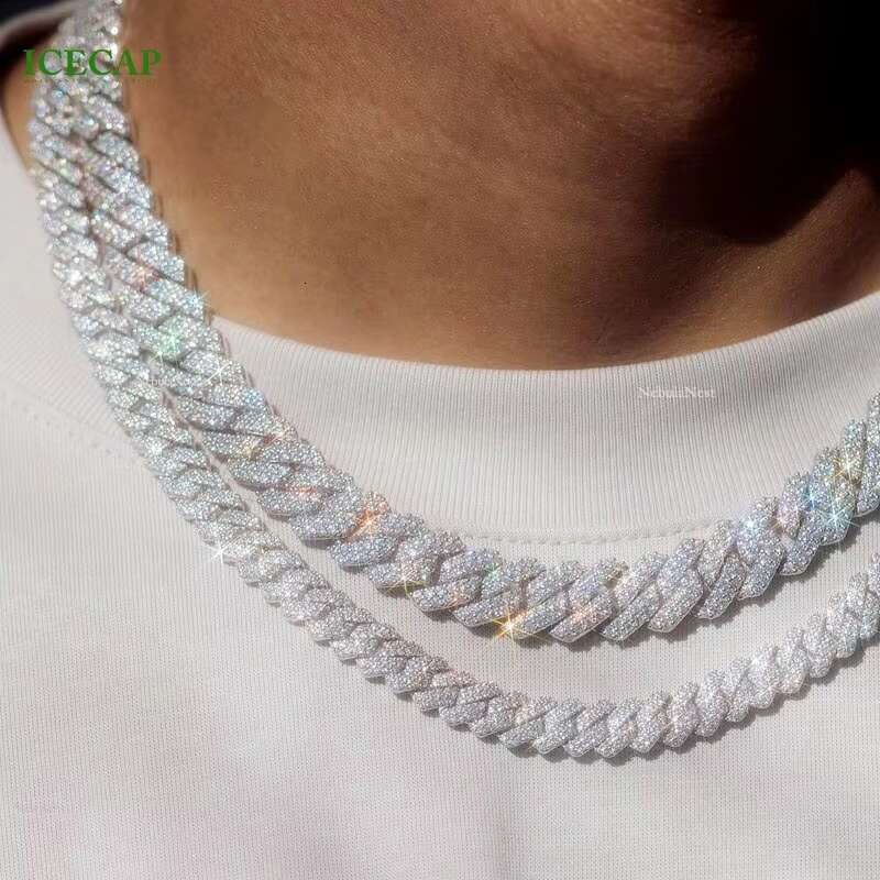 Icecap VVS Moissanite Dia Sterg Sier White Gold Plated Hip Hop Necklace 12mm Cuban k Chain for Men
