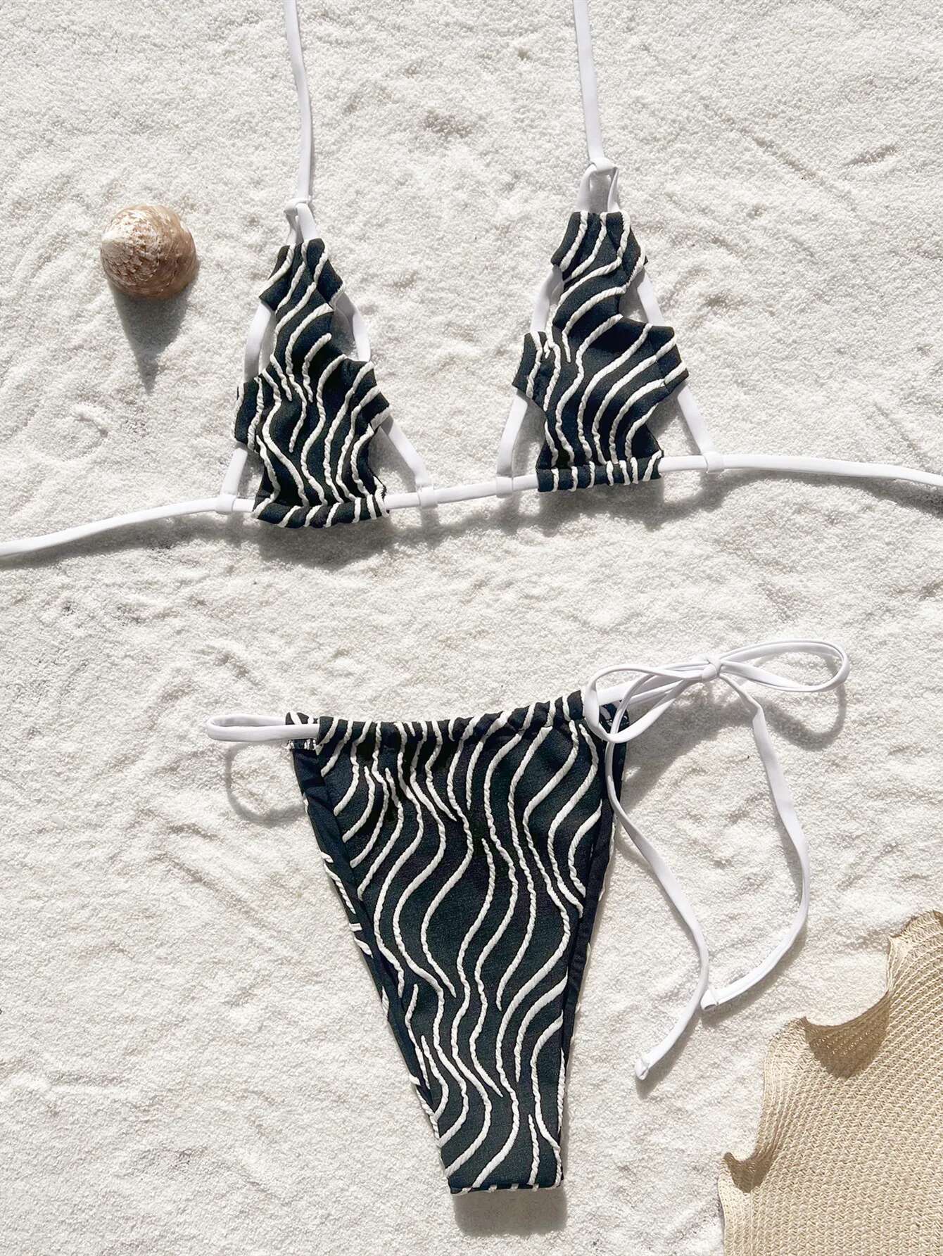 Dongdumaoyi Sexy Black Striped Bikini Set Women Hollow Out Push Up Micro Swimsuit Beach Bathing Suit Bandage Tie Side Thong Swimwear