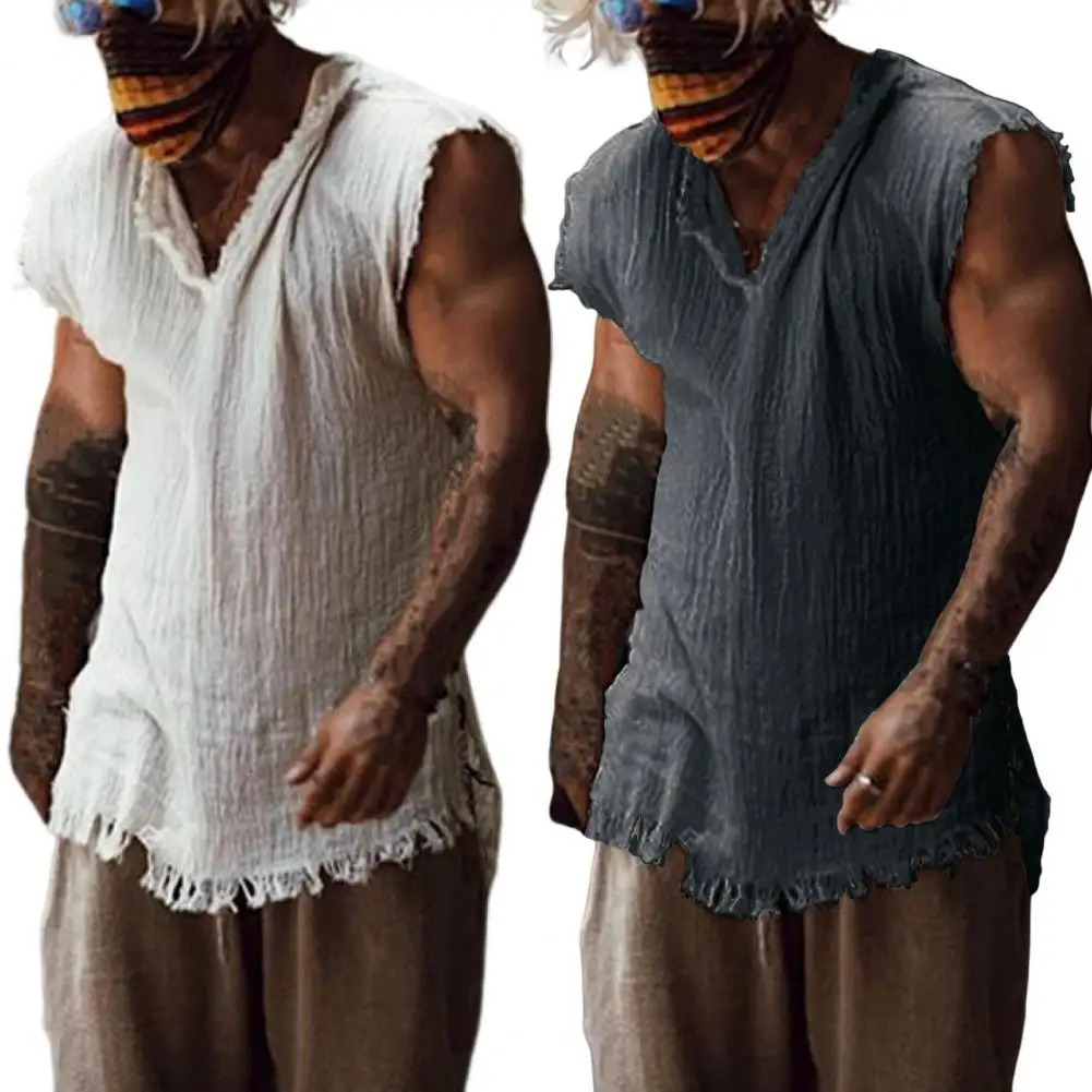 Mens Tank Top Solid Color Casual Personal Vintage Loose Style Tear Edge V-neck Sleeveless Mens Tank Top Daily Clothing 250403