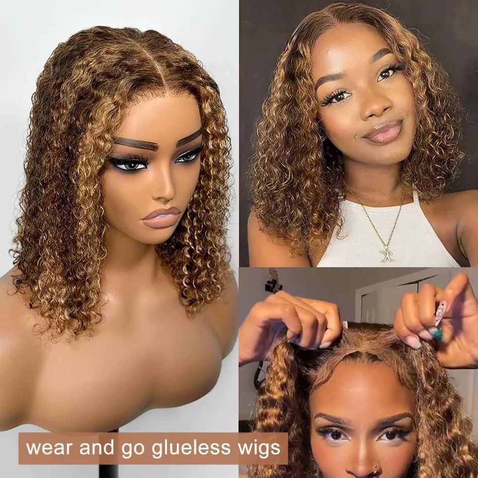 Bob Wig Human Hair 100 Highlight Ombre 5X5 Hd Lace Closure Wig Curly Short Blonde Colored Glueless Deep Wave Frontal Wigs W251107
