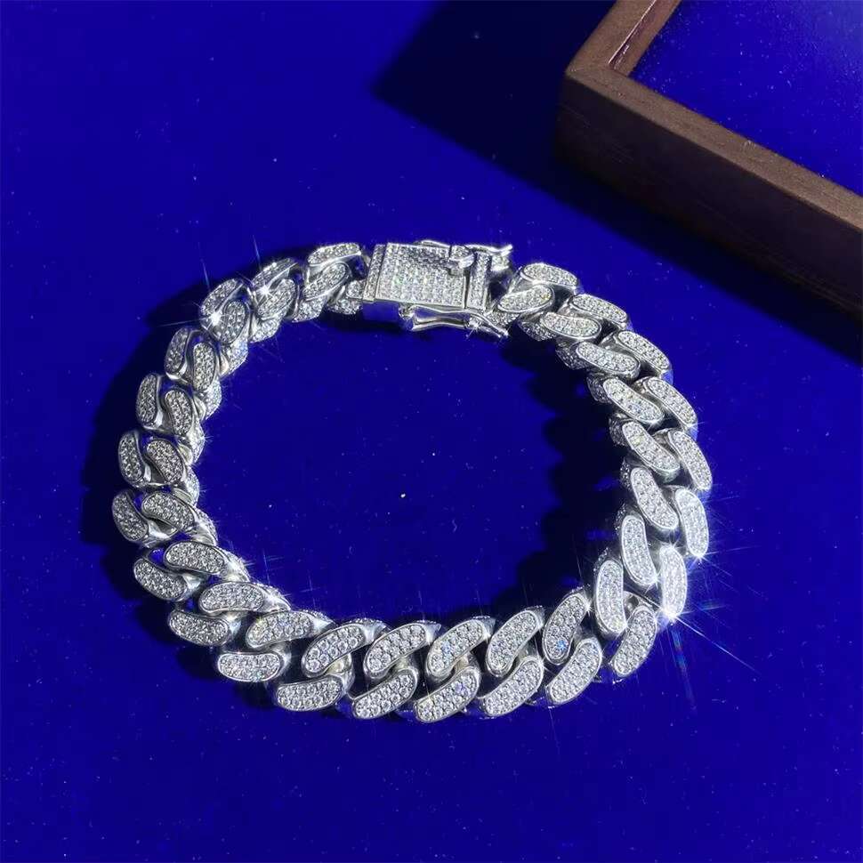 13MM Hip Iced Out 925 Sterling Silver Moissnaite Diamonds VVS D Zircon Rhodium Gold Plated Cuban Link Bracelets