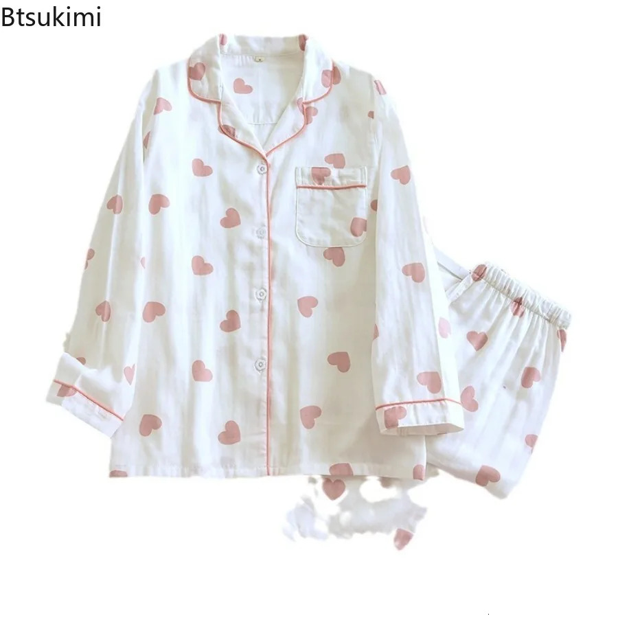 100% Cotton Gauze Pajamas for Women Love Heart Print Sweety Sleepwear Spring Autumn Nightwear 2 Piece Sets Women Loungewear 250402