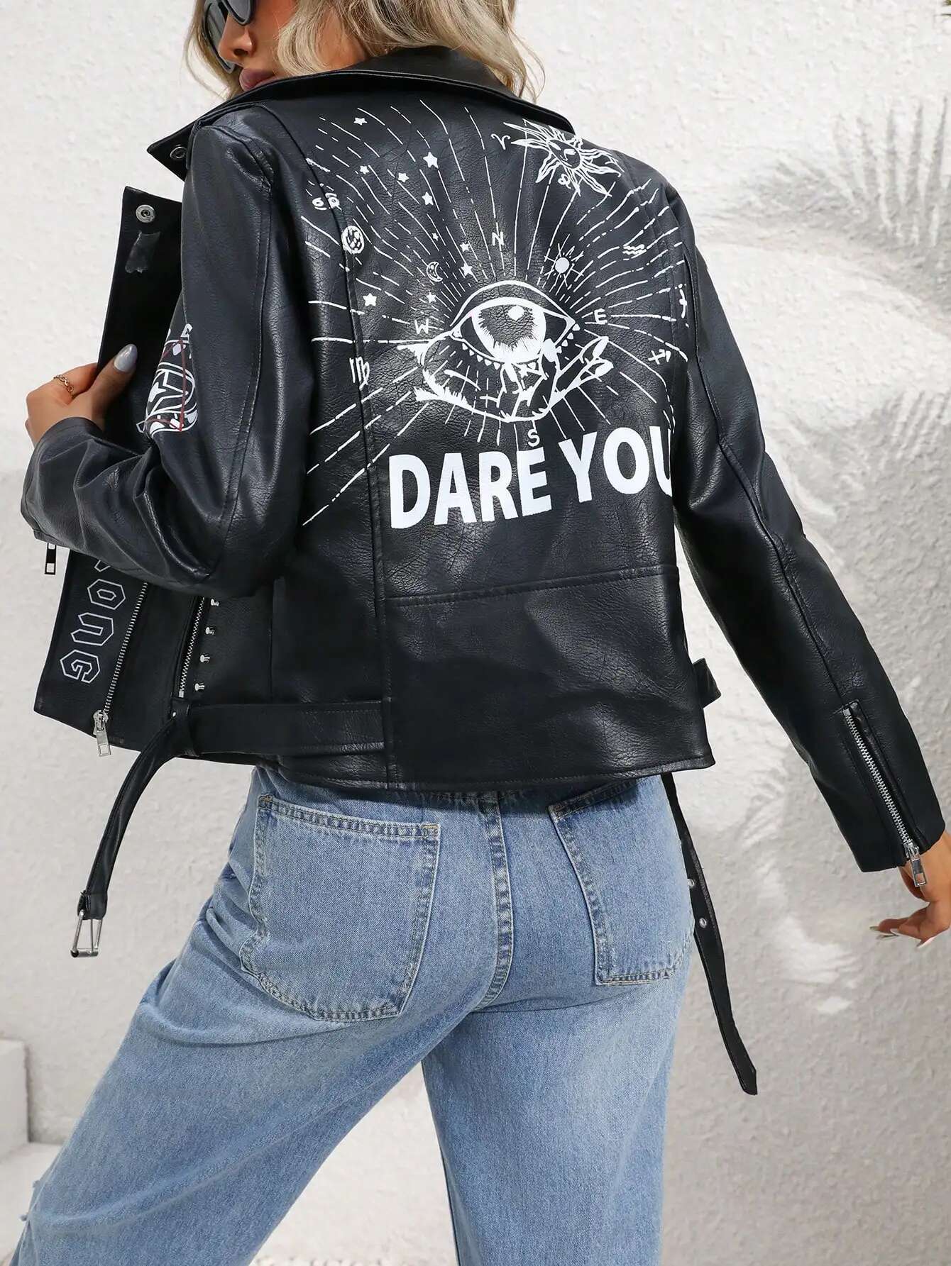 Fitaylor Women Faux PU Jacket Casual Lady Lapel Zipper Graffiti Print Leather Coat Moto Bike Rivet Outwear