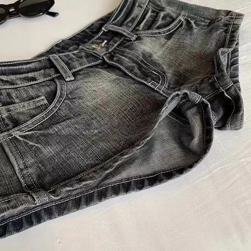 Vintage Denim Shorts Women Summer Black Grey Washed Low Waist Elastic Skinny Shorts Jeans 250407