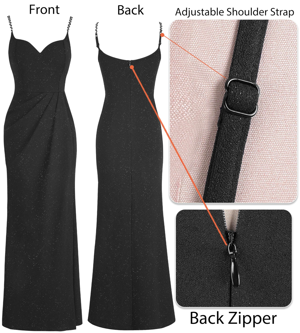 Long Prom Dresses Elegant Black Crystal Spaghetti Deep V-Neck Split Plus Size Formal Occasion Evening Party Gown Pd06