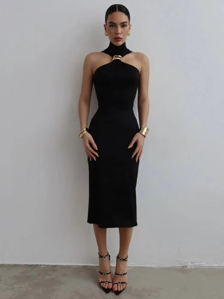 Mozision Turtleneck Shoulder Sexy Maxi Dress Womens Summer Dress Ring Metal Backless Strapless Knitted Long Dress 250402