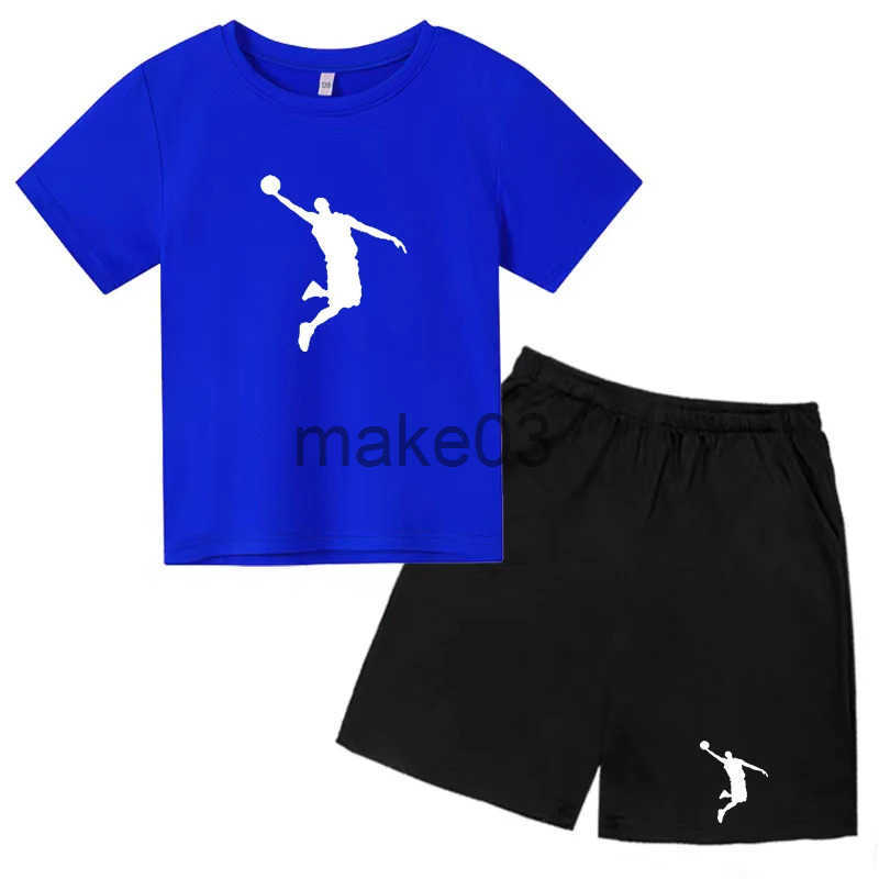 T-shirt 3-12Y clothing short sleeved top+shorts 2P boys and girls childrens basketball star printing sports fashion jogging casual set J250403
