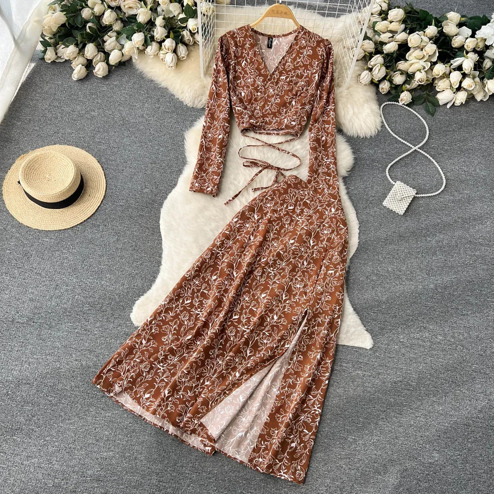 Womens chiffon vacation Bohemian twopiece summer lace topsplit long leather set Y2K floral print beach 250313