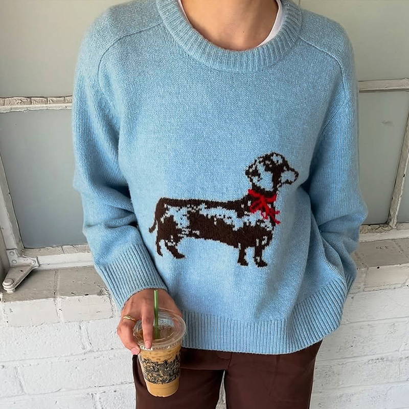 Women's color-block top, round-neck long-sleeve sweater, puppy print, romantic fall and winter best-selling versatile, Valentine's Day outfi