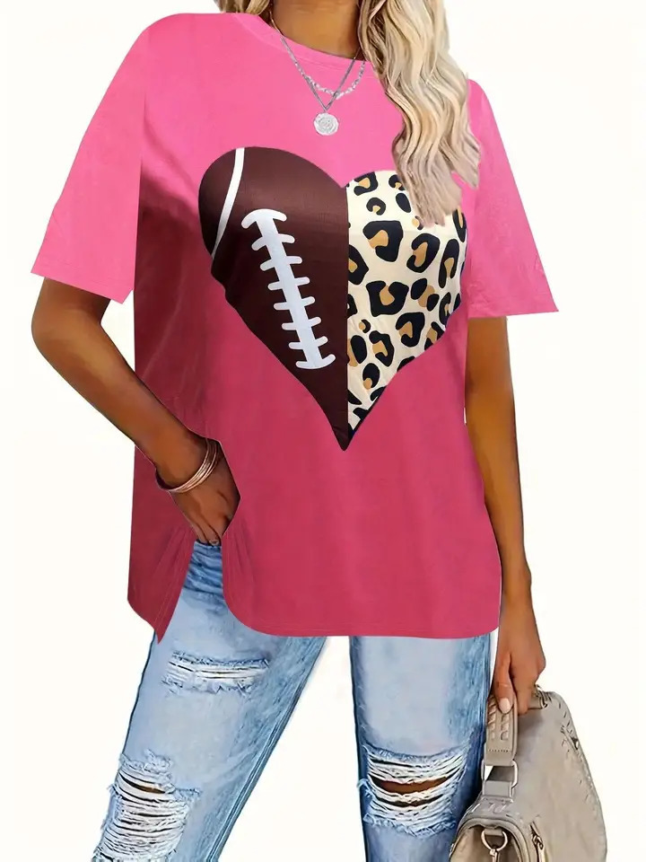 Plus size womens round neck floral Tshirt with love and leopard print elegant casual knitted fabric 250407