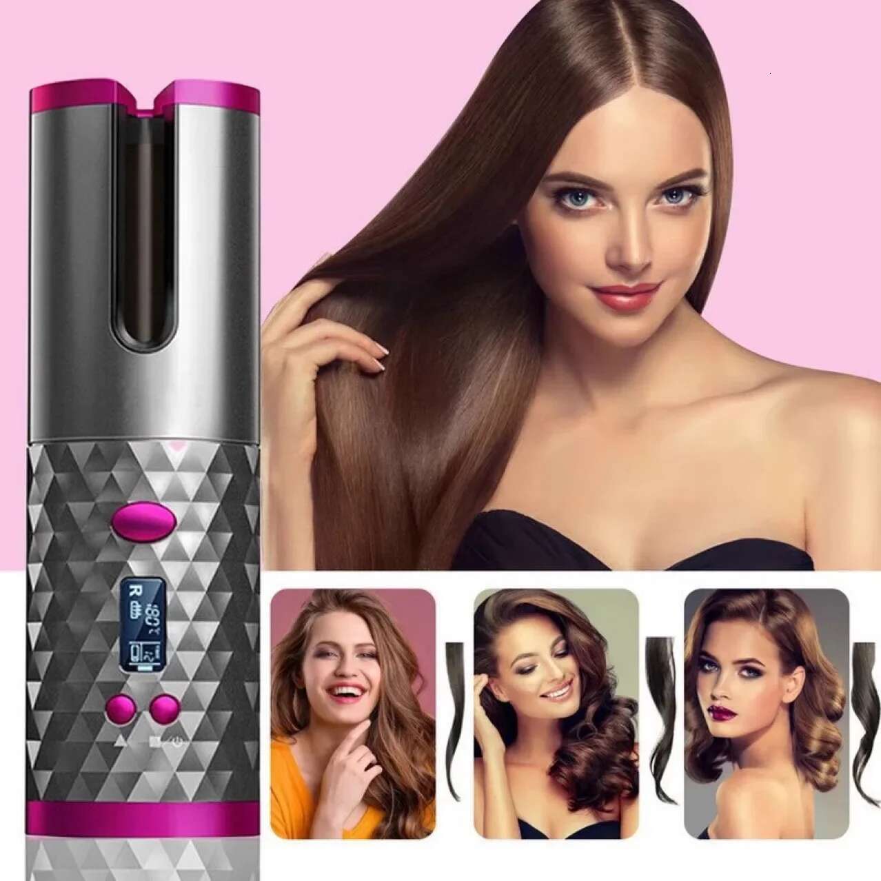 Automatic Wireless Cordless Rotating USB Rechargeable Curg Iron Display Temperature Adjustable Timing Hair Curler