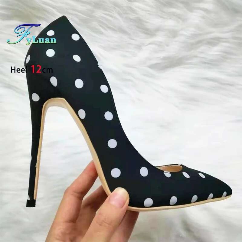 Silk High Heels 8Cm 10Cm 12Cm Stiletto Polka Dot Shallow Mouth Women Shoes Fashion Pointed Toe Party Pumps Female Large Size 43