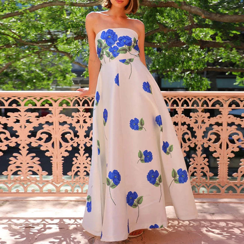 Womens fashionable floral printed beach long dress casual sleeveless high waisted party dress elegant strapless pleated ultra-thin Bosnian dress 25040