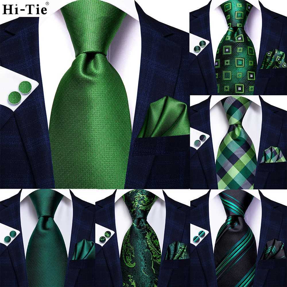 Hi-Tie Designer Green Solid Striped Paisley Silk Wedding Tie For Men Necktie Hanky Cufflink Fashion Business Party Dropsing X250407