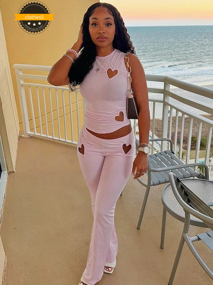 Kliou Heart Hollow Women 2 Piece Set Summer New Casual Sleeveless O-Neck Vests+High Waist Skinny Pants Female Basic Streetwear