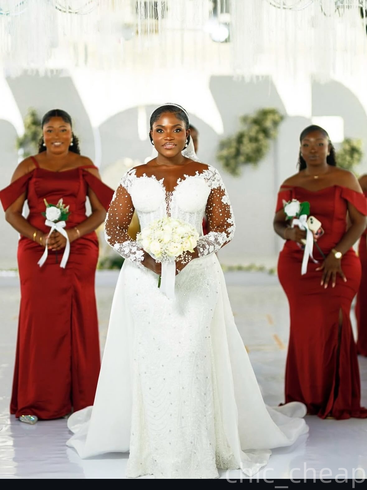 2026 Aso Ebi Plus Size White Mermaid Wedding Dress Beaded Crystals Detachable Train Sequined Full Sleeves Stylish Bridal Gowns Dresses ZJ0461