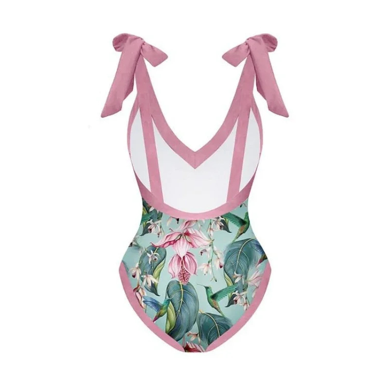 Green suspension ruffled swimsuit high waist onepiece cut bikini and pink chiffon elegant suitable for women 250313
