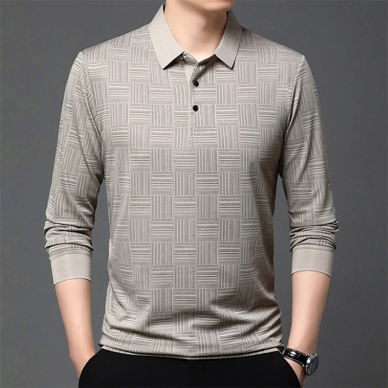 Mens business casual long sleeved solid color polo shirt fashionable breathable and comfortable Versatile top 250321