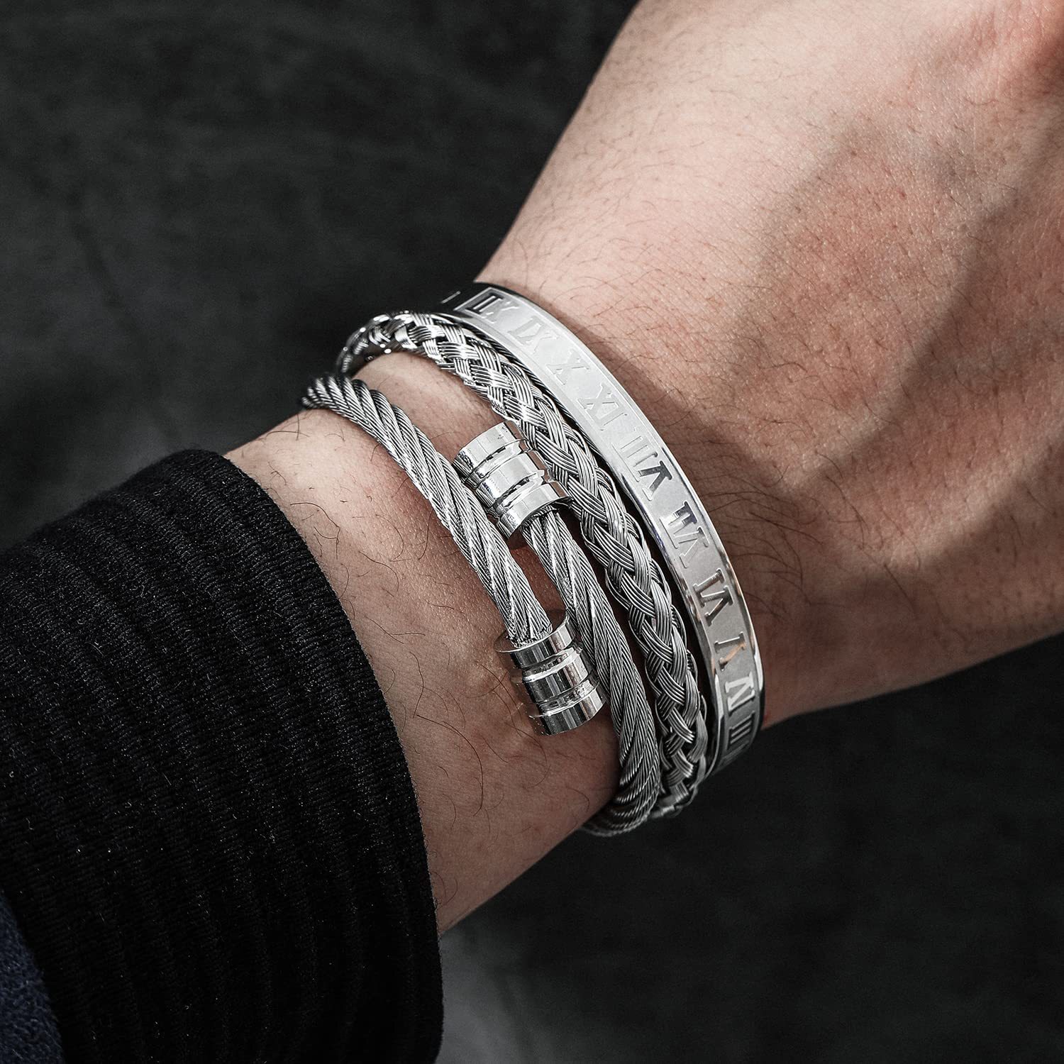 3-piece combination stainless steel woven for men, Roman numeral bracelet, twisted rope adjustable cuff bracelet