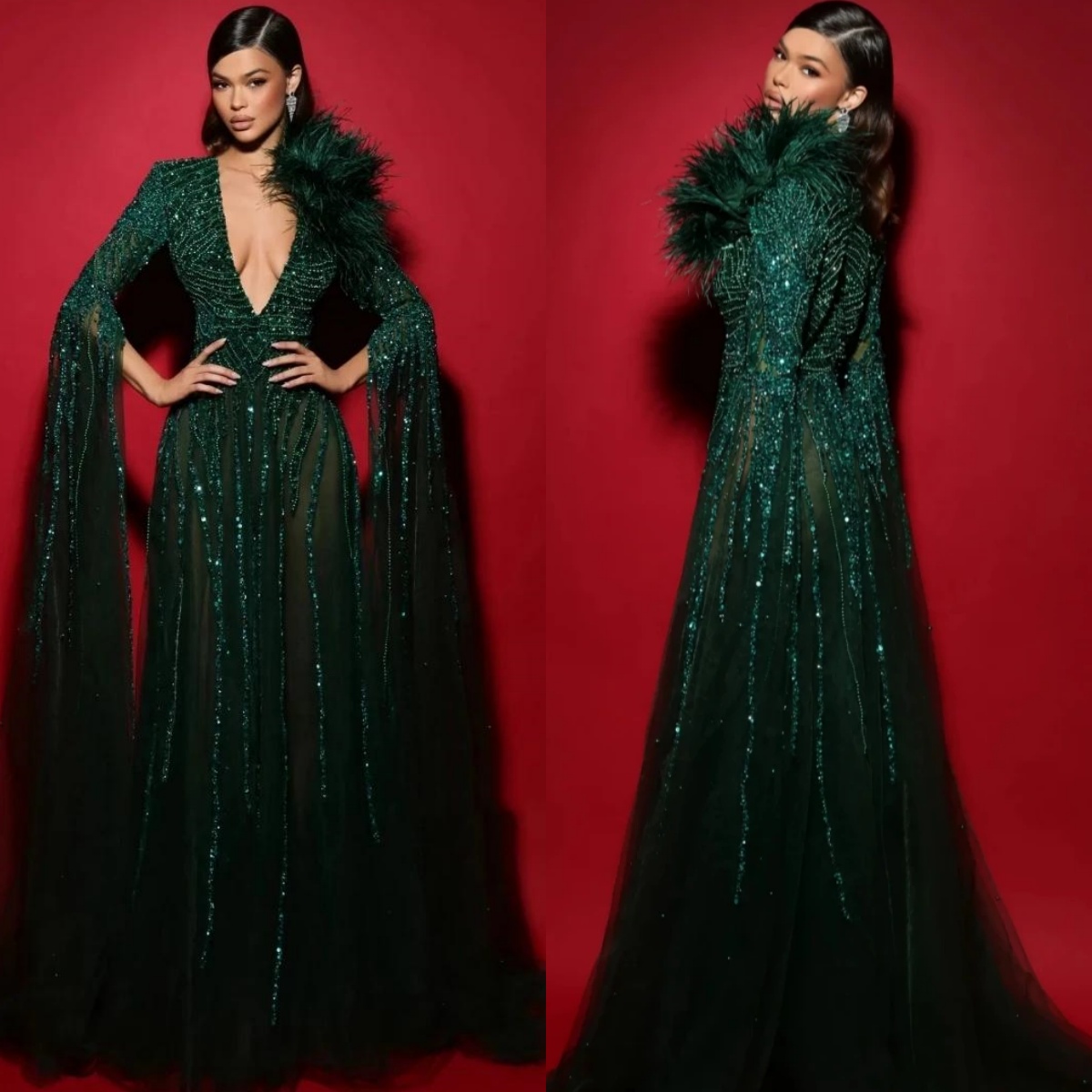 Vintage Deep V Neck Evening Dresses Feather Sequins Prom Gowns Beading Mermaid Customized Sweep Train Princess Formal Occasion Party Dress Vestidos de