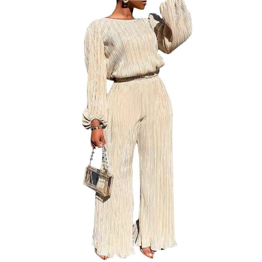 Women's 2025 Spring New Home Solid Color Loose Casual Long Sleeve High Elastic Pleated Two-Piece Set