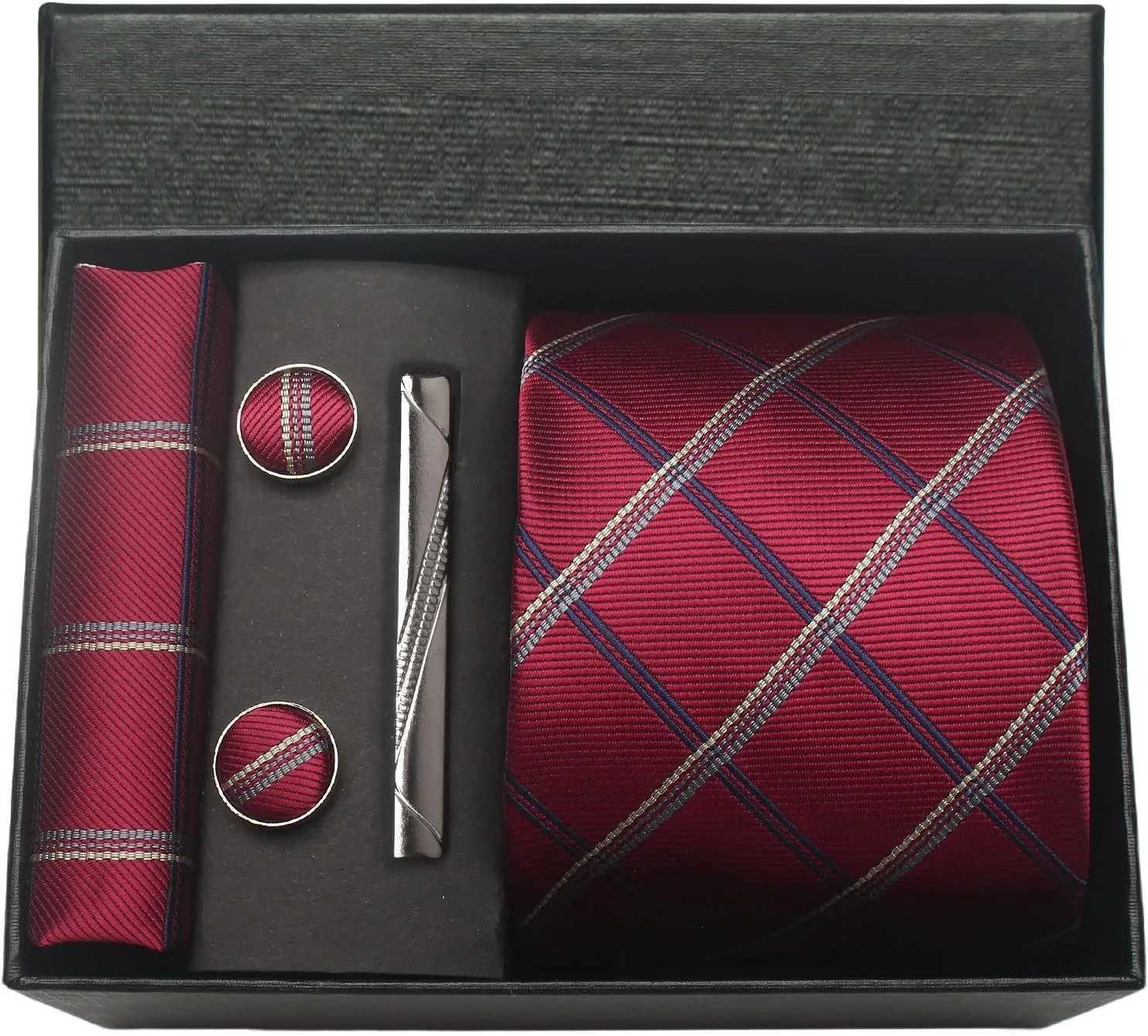 Classic 100% Silk Mens Ties In Gift box 8cm Plaid Dot Striped Business Necktie Handkerchief Cufflinks Wedding Party Tie Set X250407