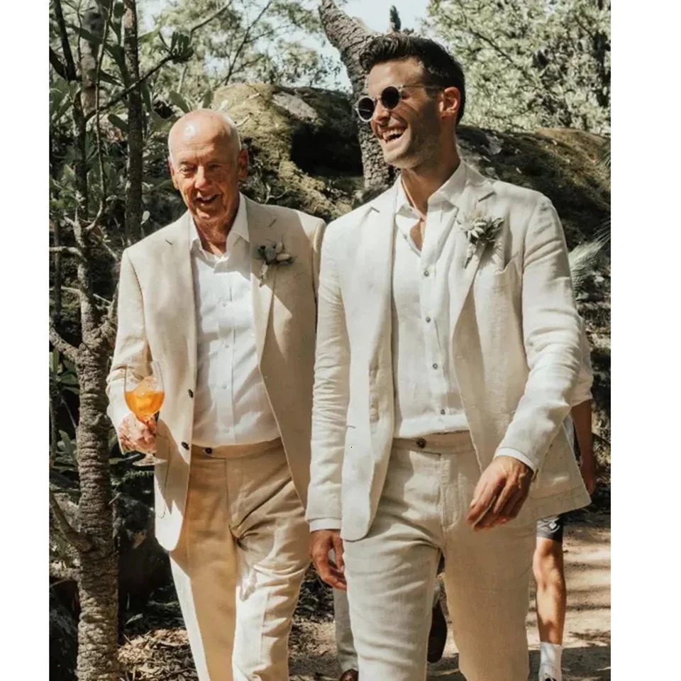 Mens wedding set beige linen 2-piece jacket pants single chest jacket mens slim fit smart waist mens clothing 250402